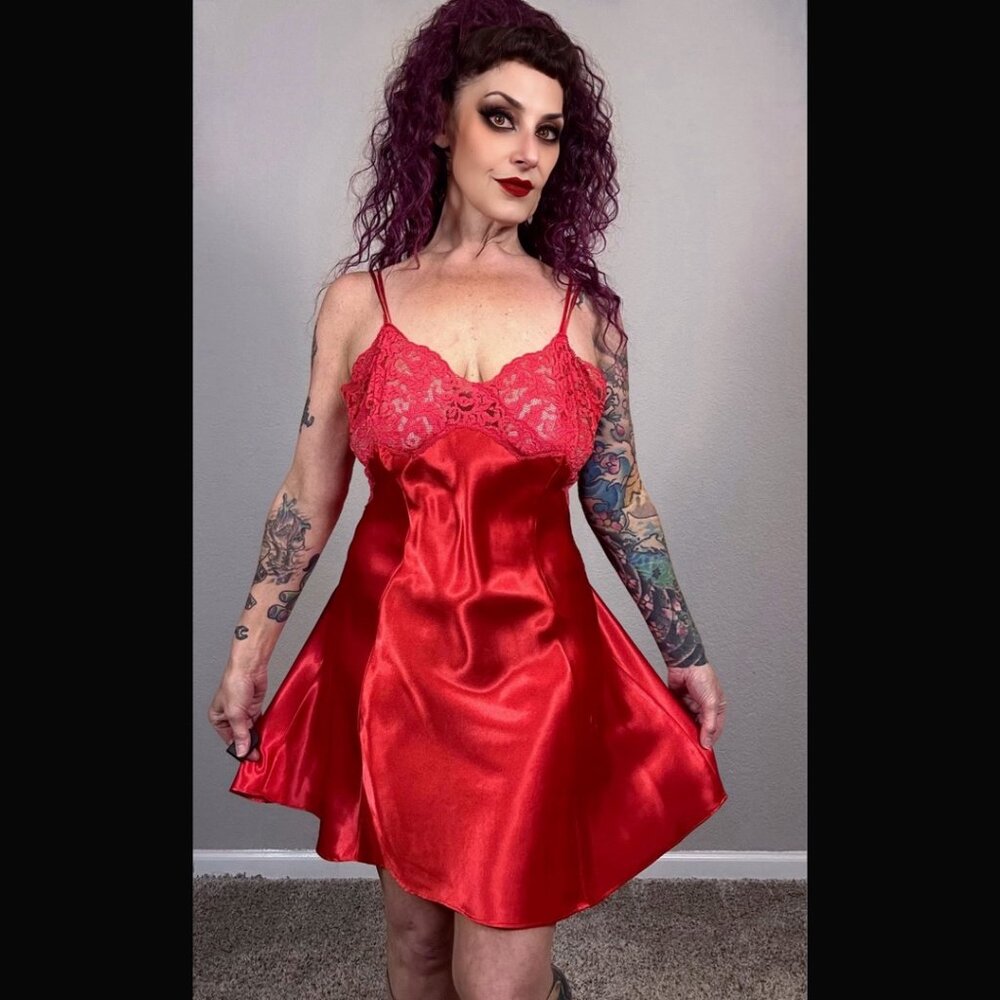 80s Victoria's Secret Red Slip Dress Sheer Lingerie Fit Flare Lace Chemise L